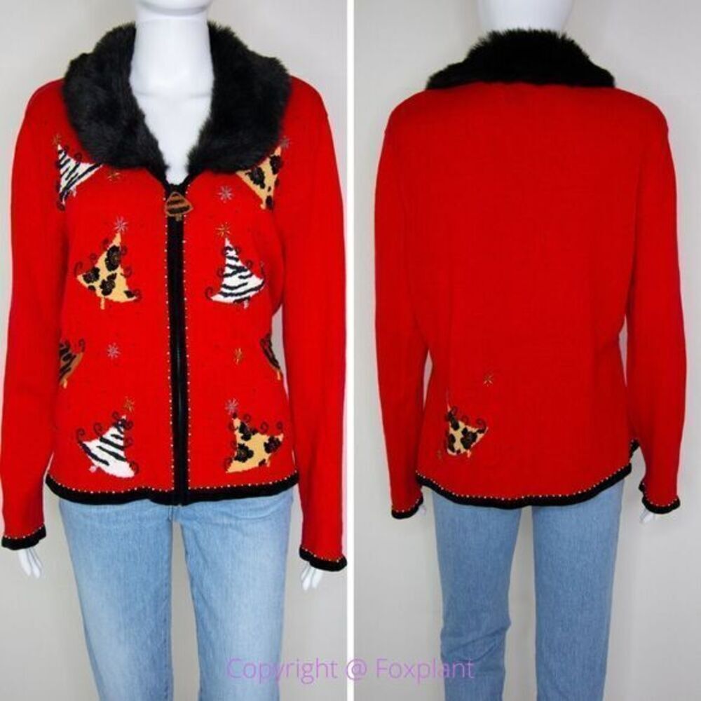 Vintage Berek Christmas cotton blend Faux fur collar beaded red ugly sweater